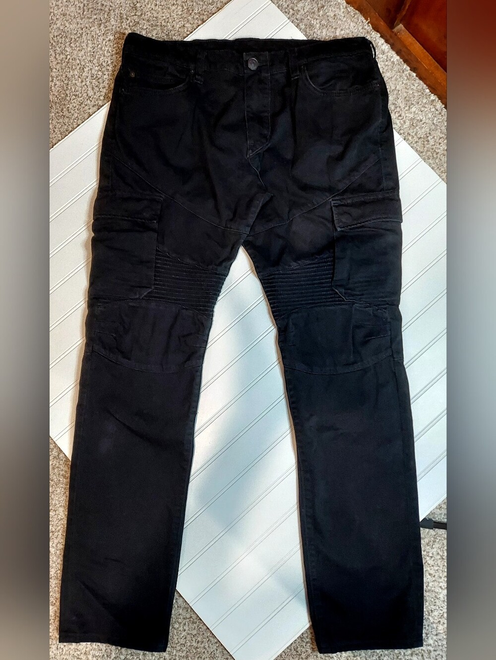 True Religion Rocco Skinny Moto Cargo Jeans Black Zipper Back Pockets Mens 34x32